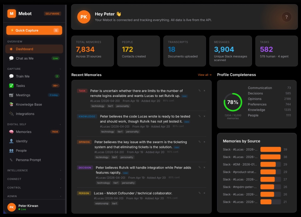 Mebot Selfware Interface Dashboard displaying memory and profile completeness